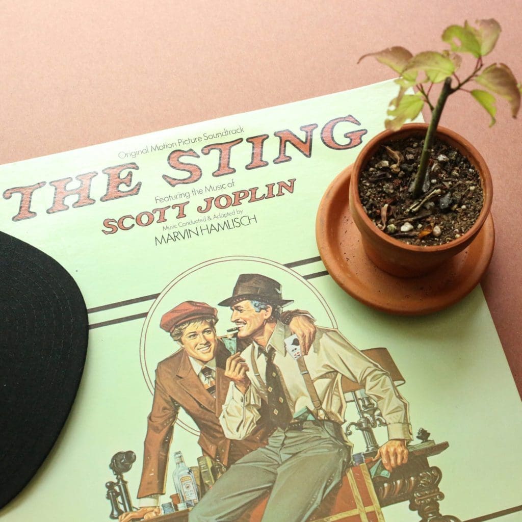 A vinyl record of "The Sting" soundtrack by Marvin Hamlisch is displayed, featuring music by Scott Joplin. The album cover shows two men in vintage attire. A potted plant and part of a black hat are visible next to the record on a pink background.