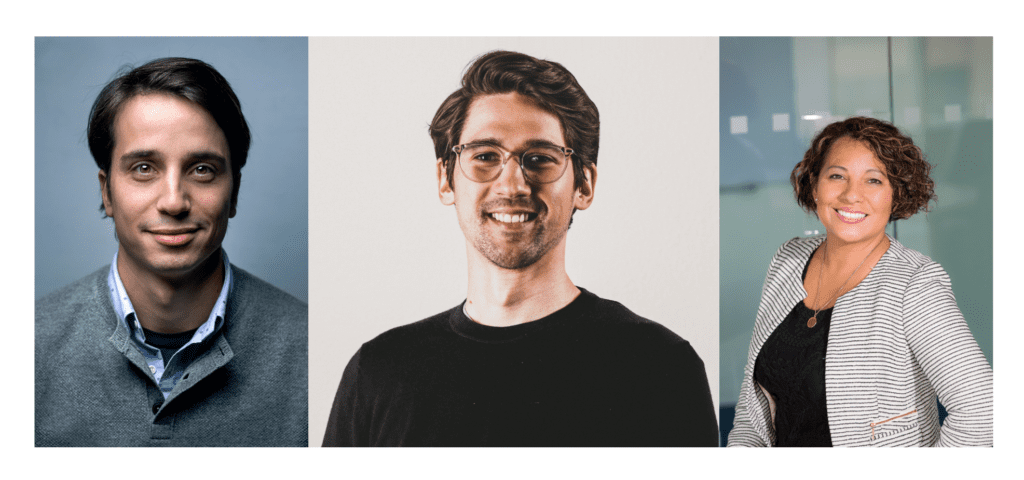 A composite image of three individuals: on the left is a man with short dark hair and a navy blue shirt under a grey sweater; in the center is a man with dark hair, glasses, and a black shirt; on the right is a woman with curly hair wearing a patterned blazer over a black top.