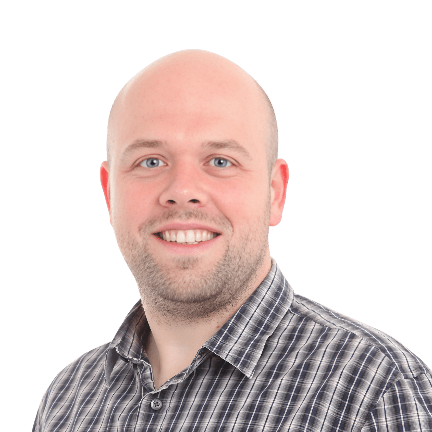A smiling person wearing a plaid shirt, is centered in the image